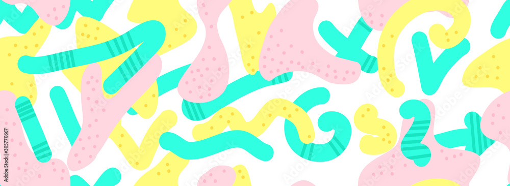 Obraz premium Collage Creative Doodle Art Seamless Pattern with different shapes and textures with bright spots. Modern trendy vector illustration. Cute and modern wallpaper, fabric and packaging design.
