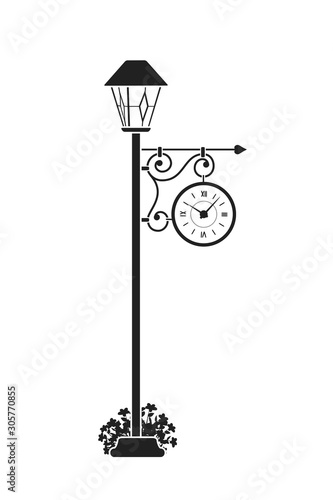 Clock. Silhouette lamp post with clock on white background