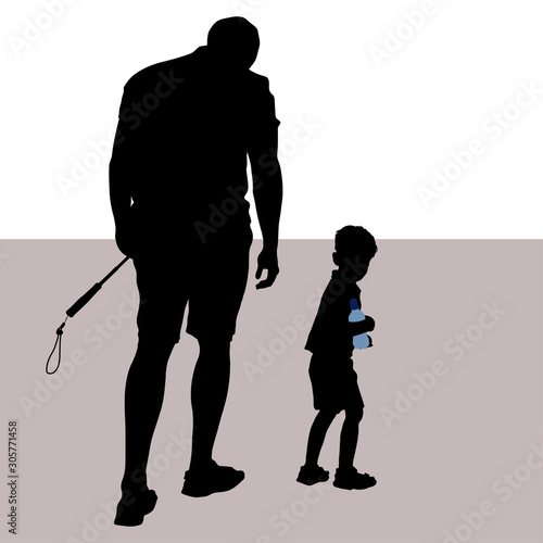 Vector silhouettes of a man and a little boy. Tired father and son go into the distance. A man carries a selfie stick, the child comes with a bottle of water. The boy looked back. Father is head down.