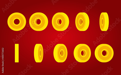 Round hole coin rotating animation sprite sheet on red background