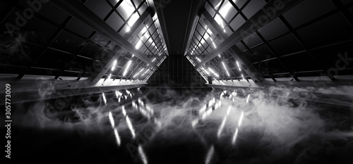 Smoke Mist Steam Triangle Shaped Sci Fi Futuristic Neon Glowing White Tunnel Corridor Underground Empty Steel Metal Mesh 3D Rendering