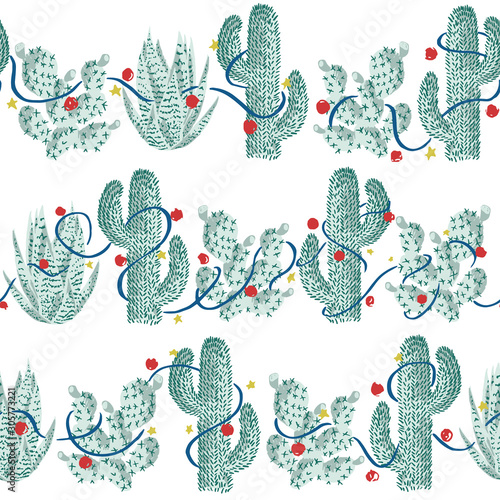 Vector seamless pattern with Christmas cactus. Mexican holidays. Hand drawn style cartoon illustration.