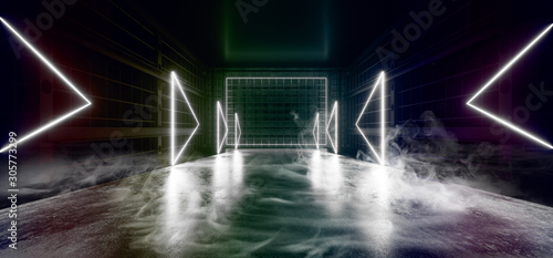 Smoke Fog Mist Tunnel Corridor Neon Glowing White Arrow Shaped Lights Mesh Grid Steel Metal Fence Retro 3D Rendering