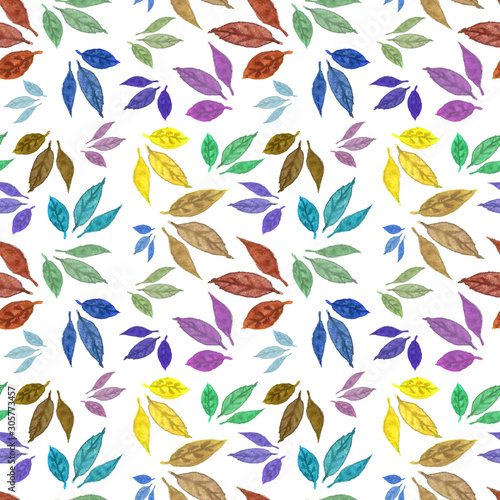 Seamless watercolor pattern with colorful leaves. Isolated on white. Design for card  poster or wallpaper.