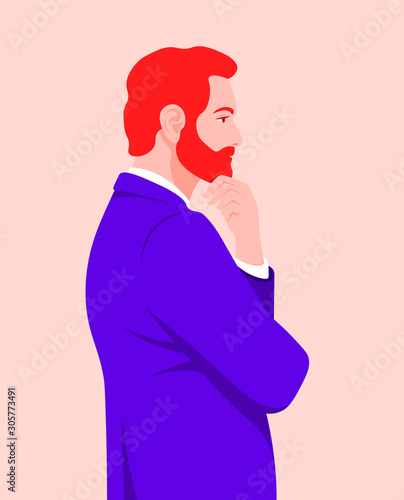Portrait of a businessman in profile. Problems and solutions. Search for an idea. Vector flat illustration