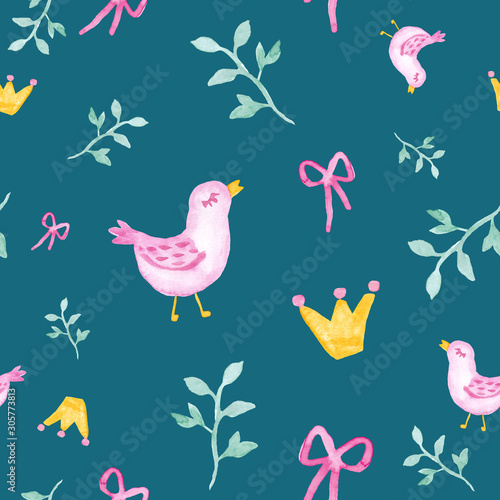 Birds with branches and crown watercolor painting - hand drawn seamless pattern on navy blue