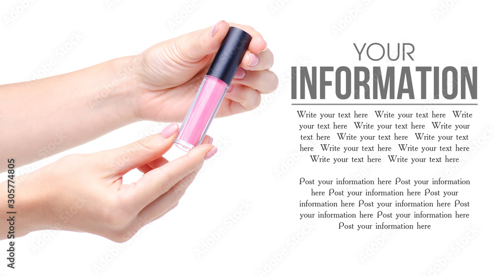 Pink lip gloss in hand beauty on white background isolation, space for text Pink lip gloss in hand beauty on white background isolation, space for text