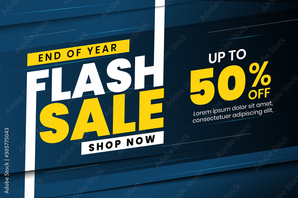 End of year flash sale banner discount up to 50% off - obrazy, fototapety, plakaty 