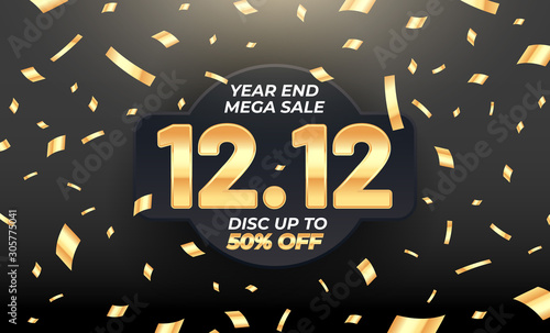 12.12 Year end mega sale banner template design with gold confetti. Social media banner template, voucher, discount, season sale