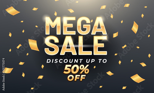 Mega Sale banner template design with gold confetti. Social media banner template, voucher, discount, season sale