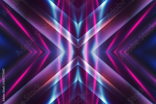 Dark abstract futuristic background. Neon lines glow. Neon lines, shapes. Multi-colored glow, blurry lights, bokeh. Empty stage background