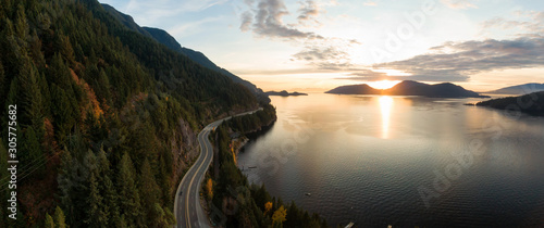 Sea to Sky Hwy in Howe Sound near Horseshoe Bay  West Vancouver  British Columbia  Canada. Aerial panoramic view during a colorful sunset in Fall Season.