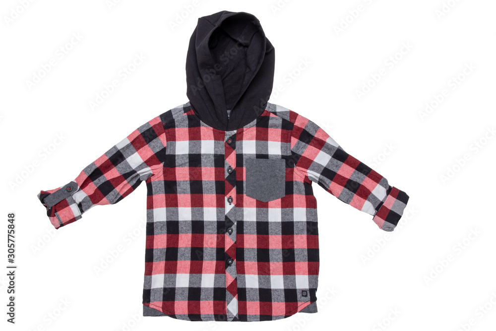 Hoodie isolated. Close-up of a trendy red checkered hoodie shirt with long sleeves for boy isolated on a white background. Childrens spring, autumn and winter fashion. Hoodie isolated. Close-up of a trendy red checkered hoodie shirt with long sleeves for boy isolated on a white background. Childrens spring, autumn and winter fashion.