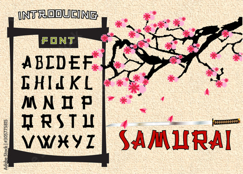 Vector handwritten brush font. Japanese style Typeface. Retro ABC. Hand Made Asian Alphabet. English letters and numbers. Original Design. Vector Illustration. Katana, Sakura, hieroglyphs.