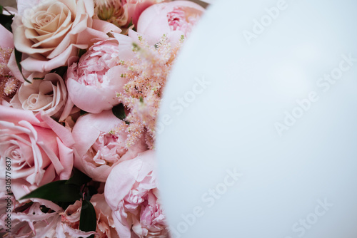Bouquet of pink beautiful fresh peonies, copy space