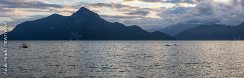 Beautiful Panoramic View of Howe Sound surrounded by Canadian Mountain Landscape during summer sunset. Taken in Porteau Cove, North of Vancouver, BC, Canada.