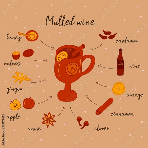 Mulled wine recipe in doodle style, hot drink in winter, poster for cafe, menu. Spice set, cardamom, cinnamon stick, nutmeg, anise star, honey, ginger, orange. Warming drink. Food illustration vector