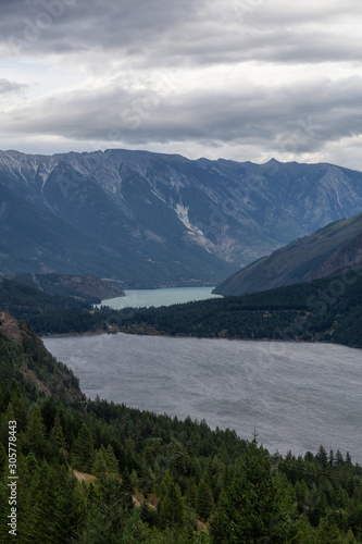 Aerial View of a small remote town, Seton Portage, between Anderson and Seton Lake. Located near Lillooet, BC, Canada.