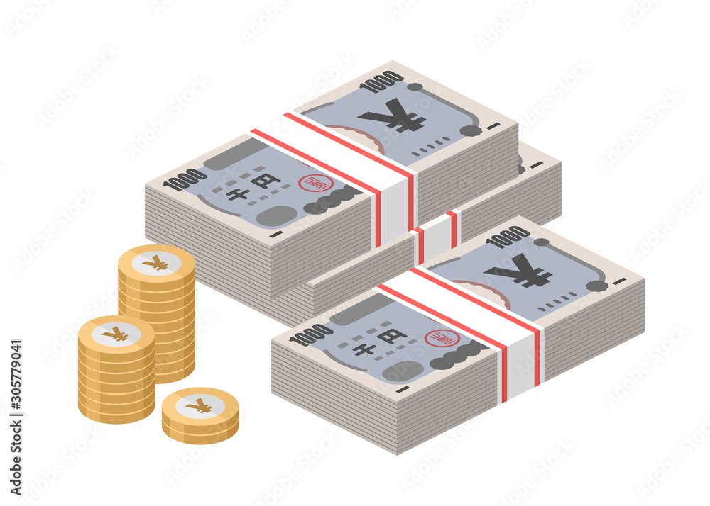 Isometric stacks of 1000 Japanese Yen banknotes and coins. Japan paper money. One thousand bills. Big pile of cash. Currency notes. Flat style vector illustration. Isometric stacks of 1000 Japanese Yen banknotes and coins. Japan paper money. One thousand bills. Big pile of cash. Currency notes. Flat style vector illustration.