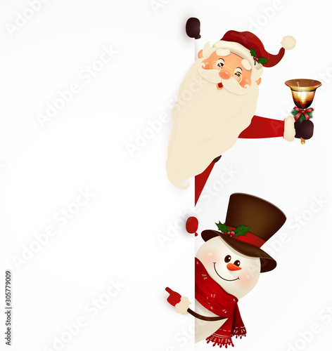 Happy smiling Santa Claus with jingle bell and cute snowman standing behind a blank sign, showing on big blank sign. vector illustration.