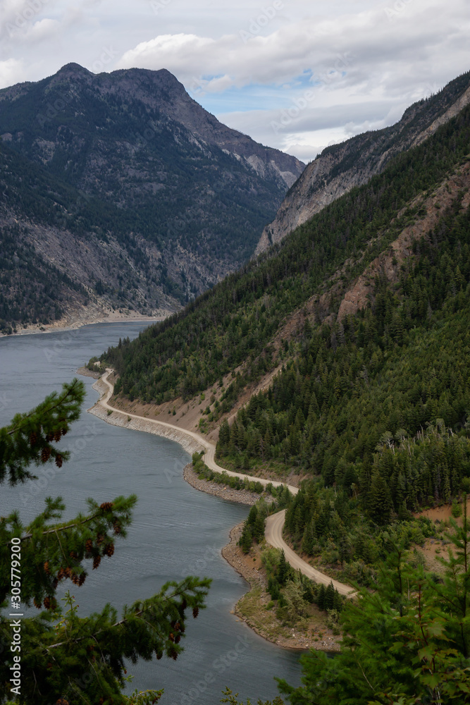 Beautiful Aerial View of Carpenter Lake during a cloudy summer day. Located between Gold Bridge and Lillooet in the interior British Columbia, Canada.