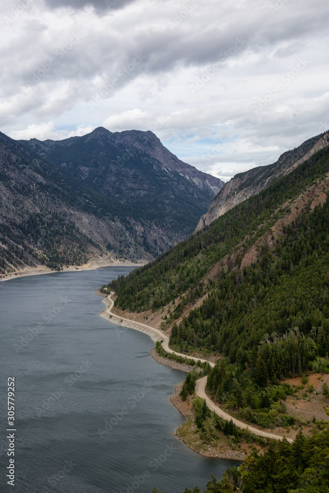 Beautiful Aerial View of Carpenter Lake during a cloudy summer day. Located between Gold Bridge and Lillooet in the interior British Columbia, Canada.