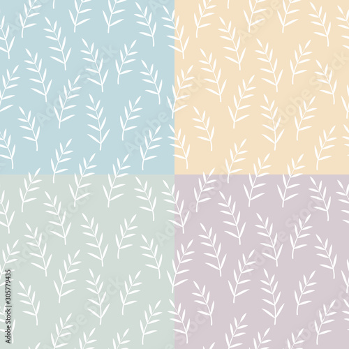 Fototapeta Naklejka Na Ścianę i Meble -  Set of Seamless decorative foliage pattern. Elegant vintage texture branches with white leaves on color background. Tempate for fabric, wallpaper, backgrounds, wrapping paper, package, covers