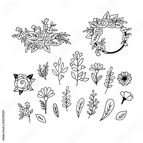 Set of floristic doodles. Hand-drawn flowers, leaves and twigs.