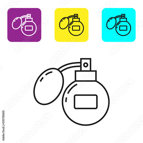 Black line Aftershave icon isolated on white background. Cologne spray icon. Male perfume bottle. Set icons colorful square buttons. Vector Illustration