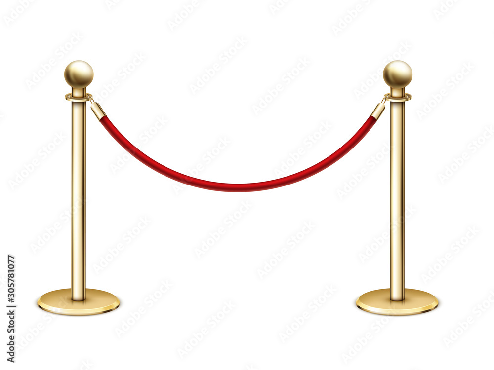 Vector realistic golden barrier rope barrier with red velvet rope. Vector realistic golden barrier rope barrier with red velvet rope.