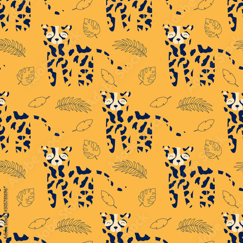 Abstract leopard masked on an orange background, cartoon vector seamless pattern for children. Print for textile, fabric, wallpaper, wrapping, fabric.
