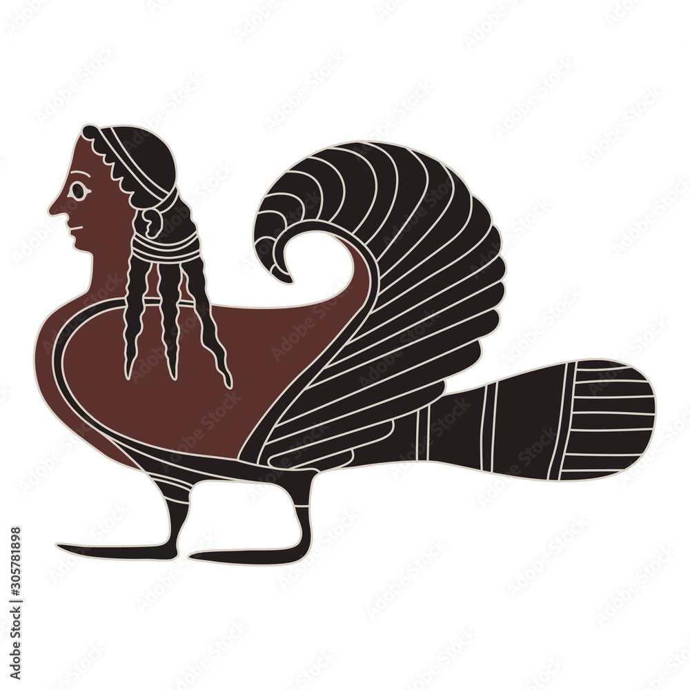 Ancient Greek siren or harpy. Fantastic bird woman. Vase painting style
