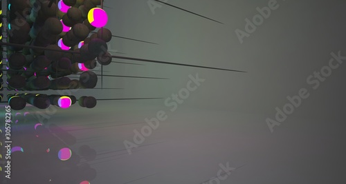 Abstract architectural concrete smooth interior from an array of spheres with color gradient neon lighting. 3D illustration and rendering.