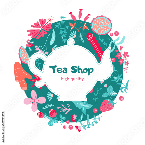 Menu label with herbal tea ingredients, pot silhouette. Beautiful vector hand drawn tea herb flat Illustration. Detailed trendy image. Element for labels, packaging and cards design. Modern background