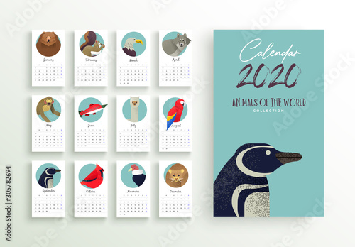 2020 Year calendar planner template of wild animal