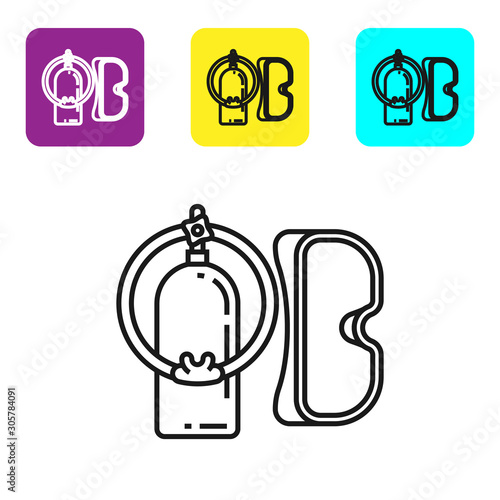 Black line Diving mask and aqualung icon isolated on white background. Oxygen tank for diver. Extreme sport. Sport equipment. Set icons colorful square buttons. Vector Illustration