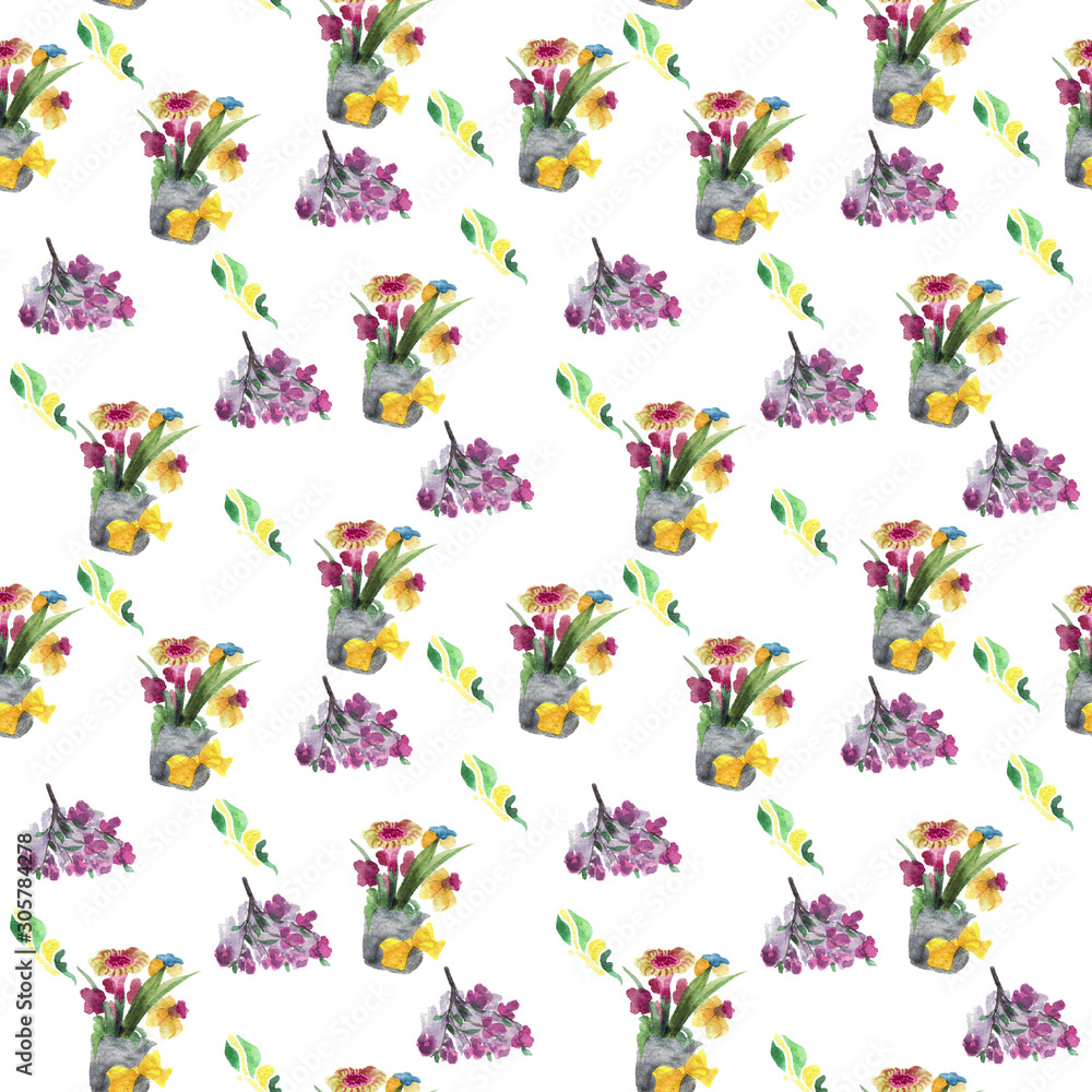 Fototapeta premium Bouquet of flowers watercolor lilac purple happy spring flora seamless pattern on white background for design of paper and textile, greeting card