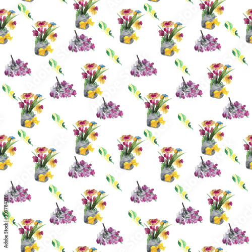 Bouquet of flowers watercolor lilac purple happy spring flora seamless pattern on white background for design of paper and textile, greeting card