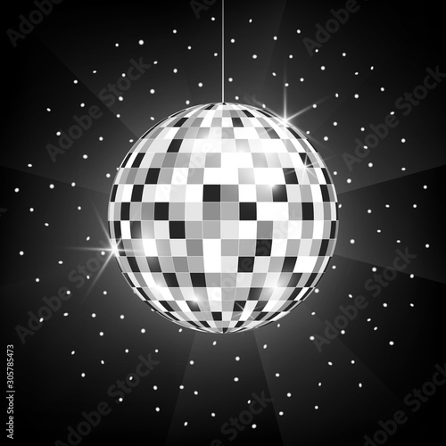 Vector icon of Disco or mirror silver ball on black background. Glitter ball for dance party, night club, symbol of fun. Light rays and reflection of mirror globe on dark backdrop. 