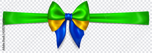 Beautiful bow in colors of Brazil flag with horizontal ribbon with shadow on transparent background. Transparency only in vector format