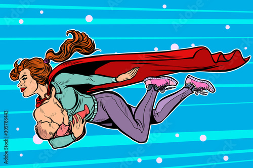 superhero mom to feed the baby breast milk. female power