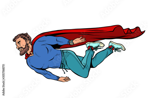 hipster bearded male superhero. flies