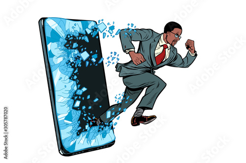 african businessman punches the screen Phone gadget smartphone. Online Internet application service program