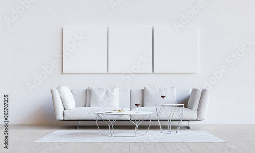 White living room with couch, table and mockup pictures. 3D render illustration.