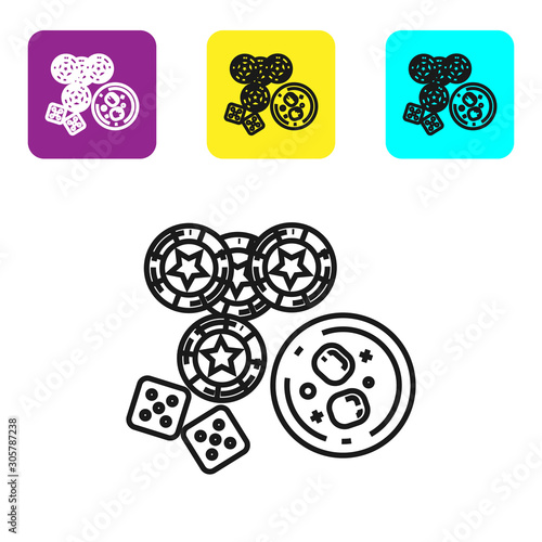 Black line Casino chips, game dice and glass of whiskey with ice cubes icon isolated on white background. Casino poker. Set icons colorful square buttons. Vector Illustration