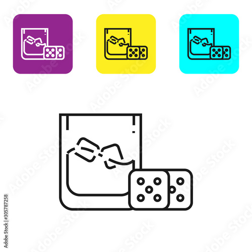 Black line Game dice and glass of whiskey with ice cubes icon isolated on white background. Casino gambling. Set icons colorful square buttons. Vector Illustration