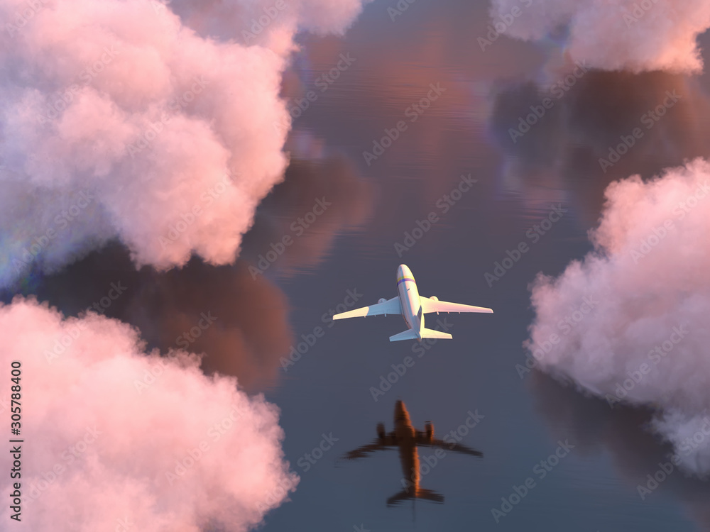 airplane flies over the water - obrazy, fototapety, plakaty 