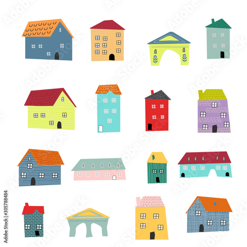 multi-colored doodle hugge houses collection. Scandinavian city landscape. Hand drawn minimalistic urban illustration in bright colours. Vector illustration in kids style for Print or Poster Design