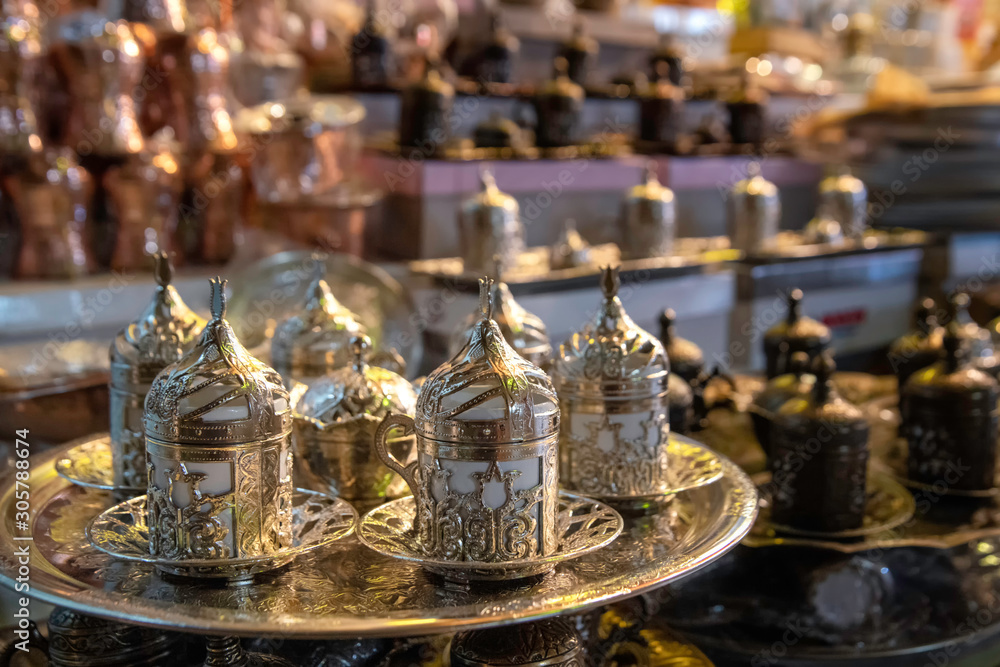 traditional turkish coffee copper cups placed on a pan traditional turkish coffee copper cups placed on a pan