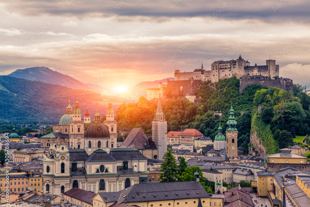 Naklejka premium Salzburg City At Sunrise View, Salzburg City View, Austria